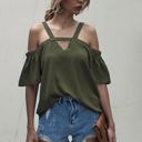 Green Small Cold Shoulder Blouse with Strappy V-Neckline and Short Sleeves