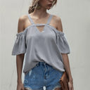 Gray Large Cold Shoulder Blouse with Strappy V-Neckline and Short Sleeves