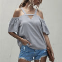 Gray Large Cold Shoulder Blouse with Strappy V-Neckline and Short Sleeves