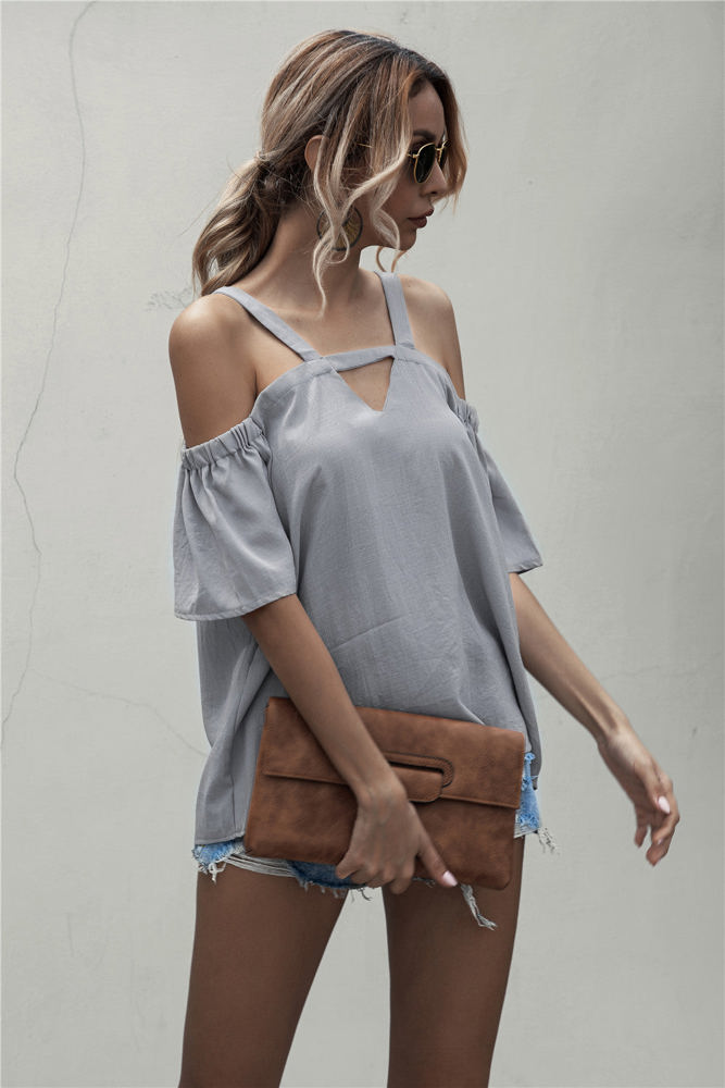 Cold Shoulder Blouse with Strappy V-Neckline and Short Sleeves