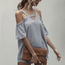 Gray Large Cold Shoulder Blouse with Strappy V-Neckline and Short Sleeves