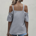 Gray Large Cold Shoulder Blouse with Strappy V-Neckline and Short Sleeves