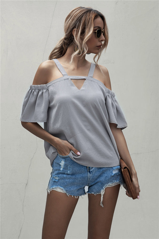 Cold Shoulder Blouse with Strappy V-Neckline and Short Sleeves