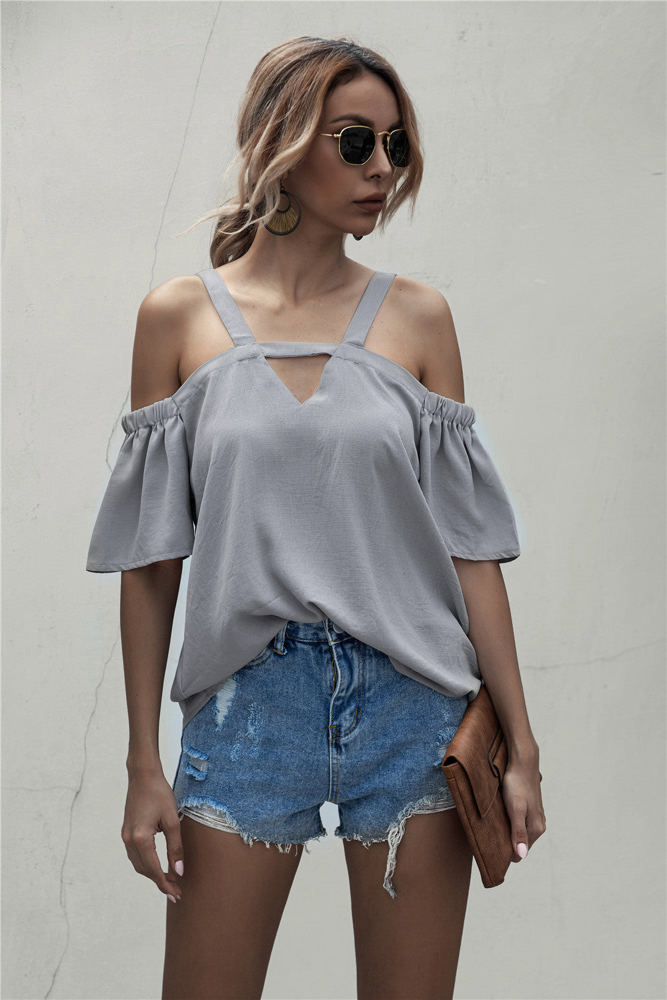 Cold Shoulder Blouse with Strappy V-Neckline and Short Sleeves