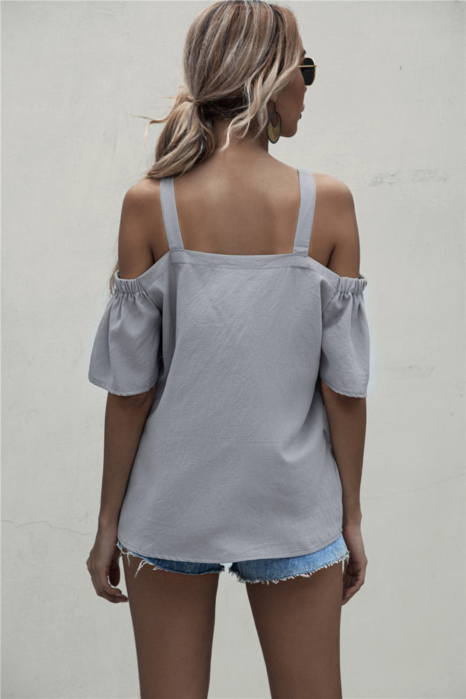 Cold Shoulder Blouse with Strappy V-Neckline and Short Sleeves