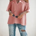 Pink Large Cold Shoulder Blouse with Strappy V-Neckline and Short Sleeves