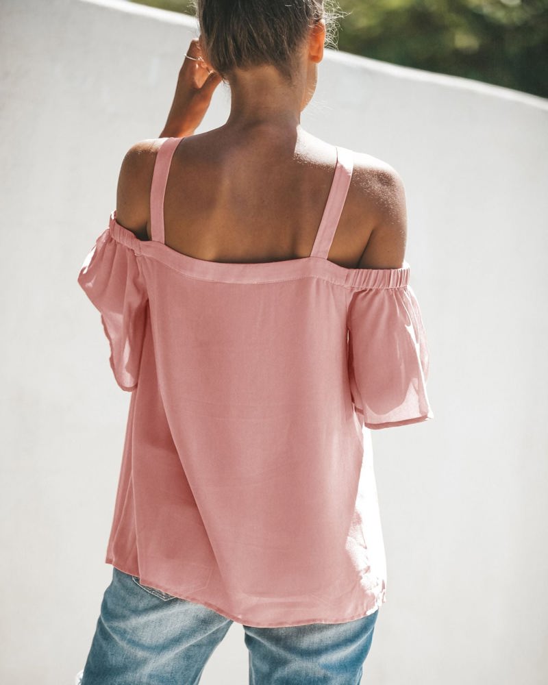 Cold Shoulder Blouse with Strappy V-Neckline and Short Sleeves