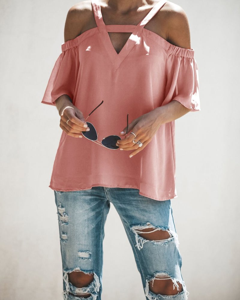 Cold Shoulder Blouse with Strappy V-Neckline and Short Sleeves