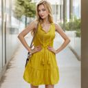 Yellow Large Sleeveless Crochet Lace Boho Dress with Tassel Detail and Tiered Skirt