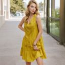 Yellow Large Sleeveless Crochet Lace Boho Dress with Tassel Detail and Tiered Skirt