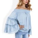  Off-Shoulder Bell Sleeve Top with Textured Dobby Pattern and Smocked Neckline