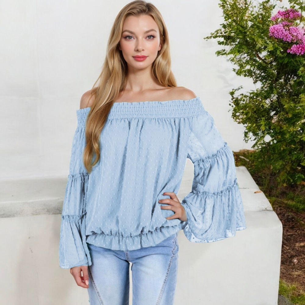 Off-Shoulder Bell Sleeve Top with Textured Dobby Pattern and Smocked Neckline