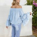  Off-Shoulder Bell Sleeve Top with Textured Dobby Pattern and Smocked Neckline