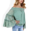 Green XXL Off-Shoulder Bell Sleeve Top with Textured Dobby Pattern and Smocked Neckline