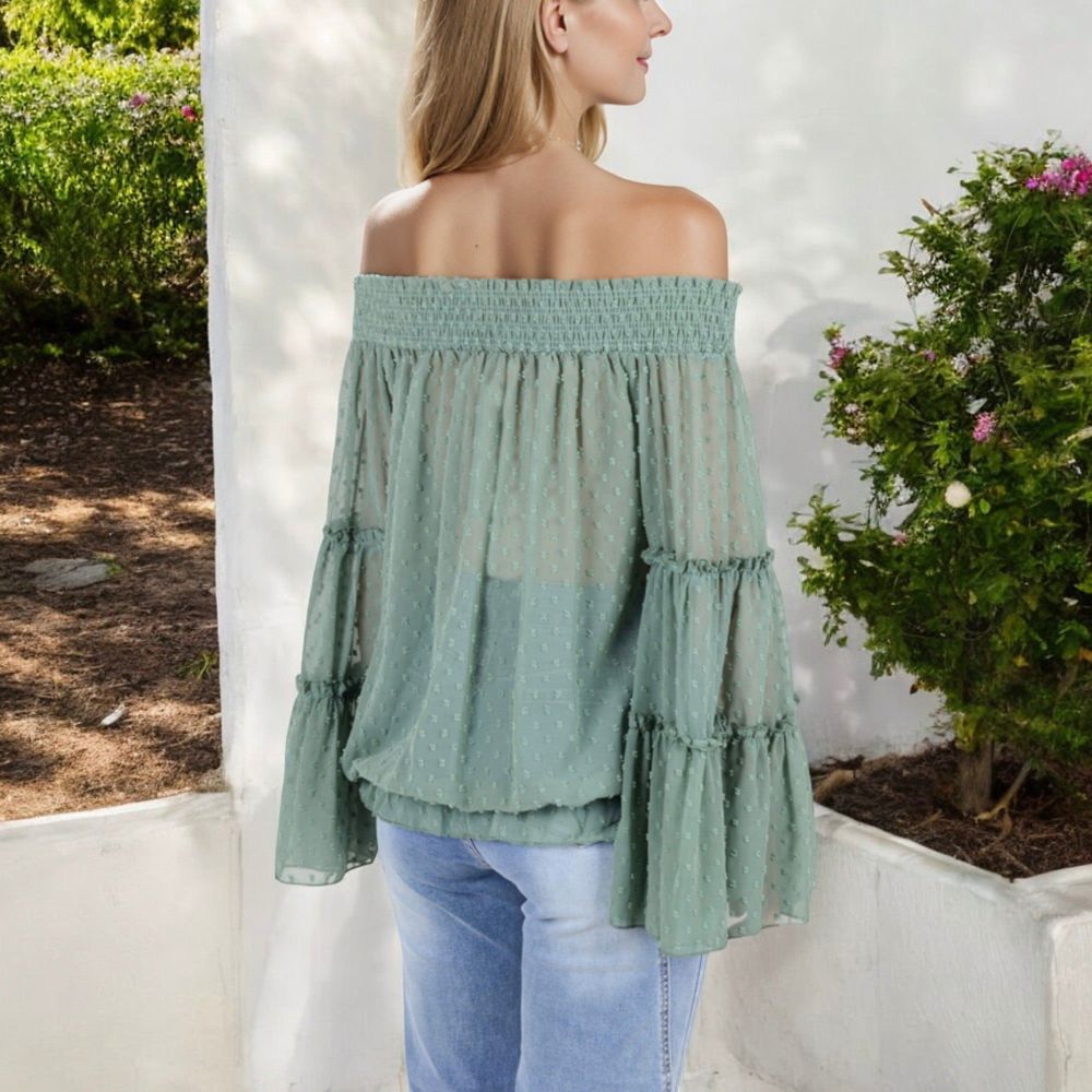 Off-Shoulder Bell Sleeve Top with Textured Dobby Pattern and Smocked Neckline