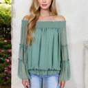 Green XXL Off-Shoulder Bell Sleeve Top with Textured Dobby Pattern and Smocked Neckline