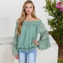 Green XXL Off-Shoulder Bell Sleeve Top with Textured Dobby Pattern and Smocked Neckline