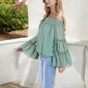 Green XXL Off-Shoulder Bell Sleeve Top with Textured Dobby Pattern and Smocked Neckline