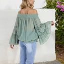 Green XXL Off-Shoulder Bell Sleeve Top with Textured Dobby Pattern and Smocked Neckline