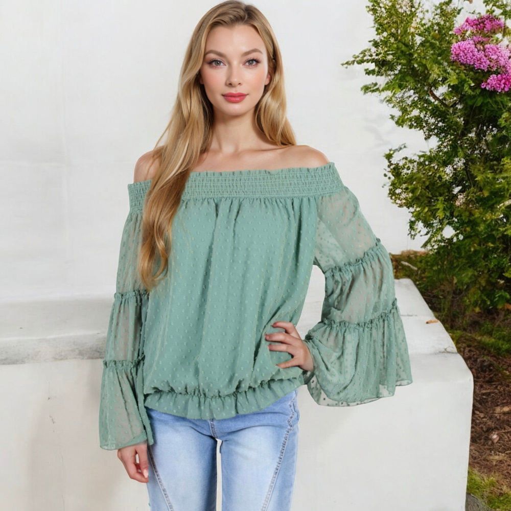 Off-Shoulder Bell Sleeve Top with Textured Dobby Pattern and Smocked Neckline