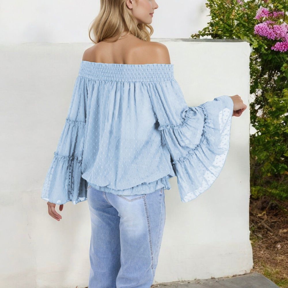 Off-Shoulder Bell Sleeve Top with Textured Dobby Pattern and Smocked Neckline