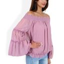 Pink XXL Off-Shoulder Bell Sleeve Top with Textured Dobby Pattern and Smocked Neckline