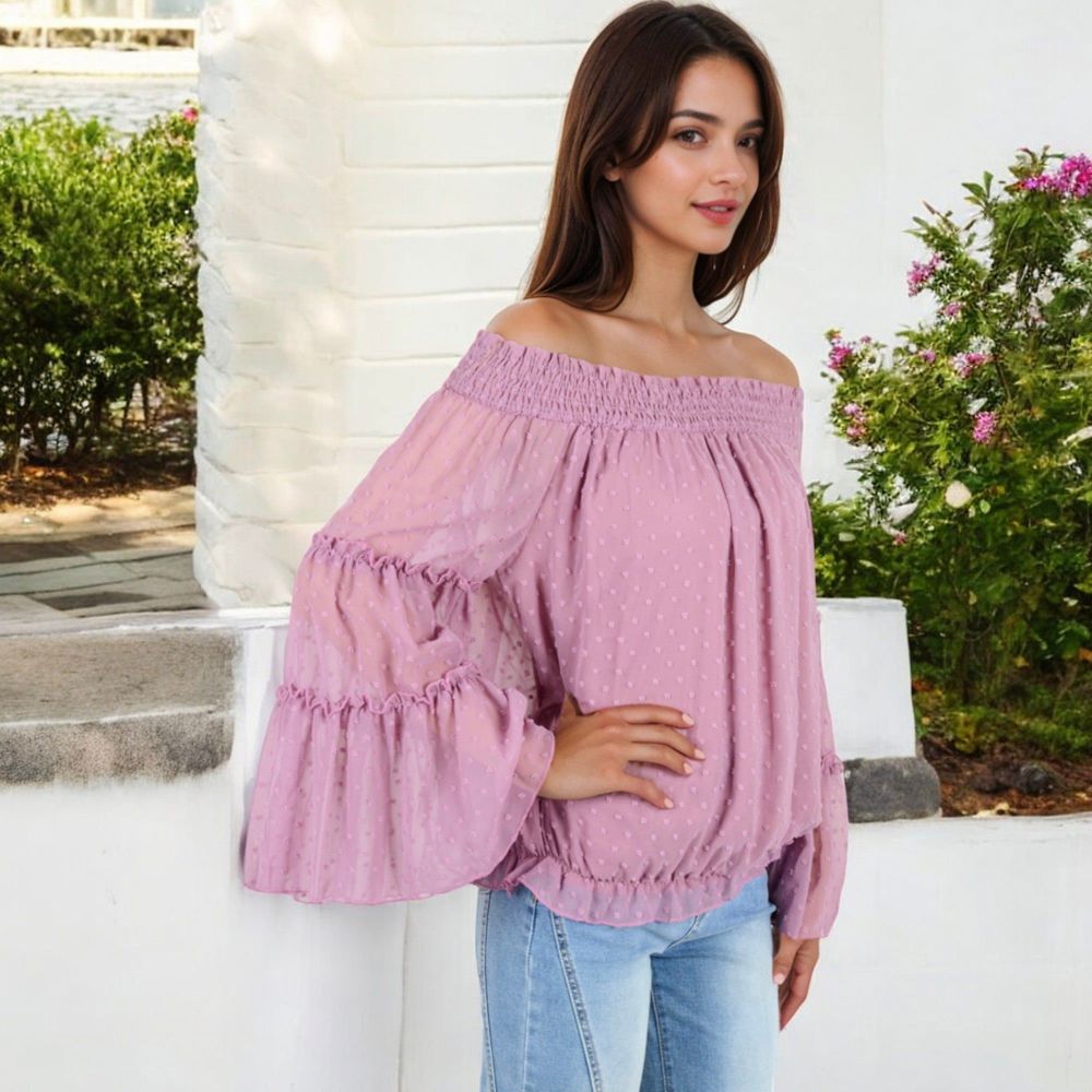 Off-Shoulder Bell Sleeve Top with Textured Dobby Pattern and Smocked Neckline