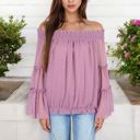 Pink XXL Off-Shoulder Bell Sleeve Top with Textured Dobby Pattern and Smocked Neckline