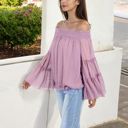 Pink XXL Off-Shoulder Bell Sleeve Top with Textured Dobby Pattern and Smocked Neckline