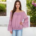 Pink Large Off-Shoulder Bell Sleeve Top with Textured Dobby Pattern and Smocked Neckline