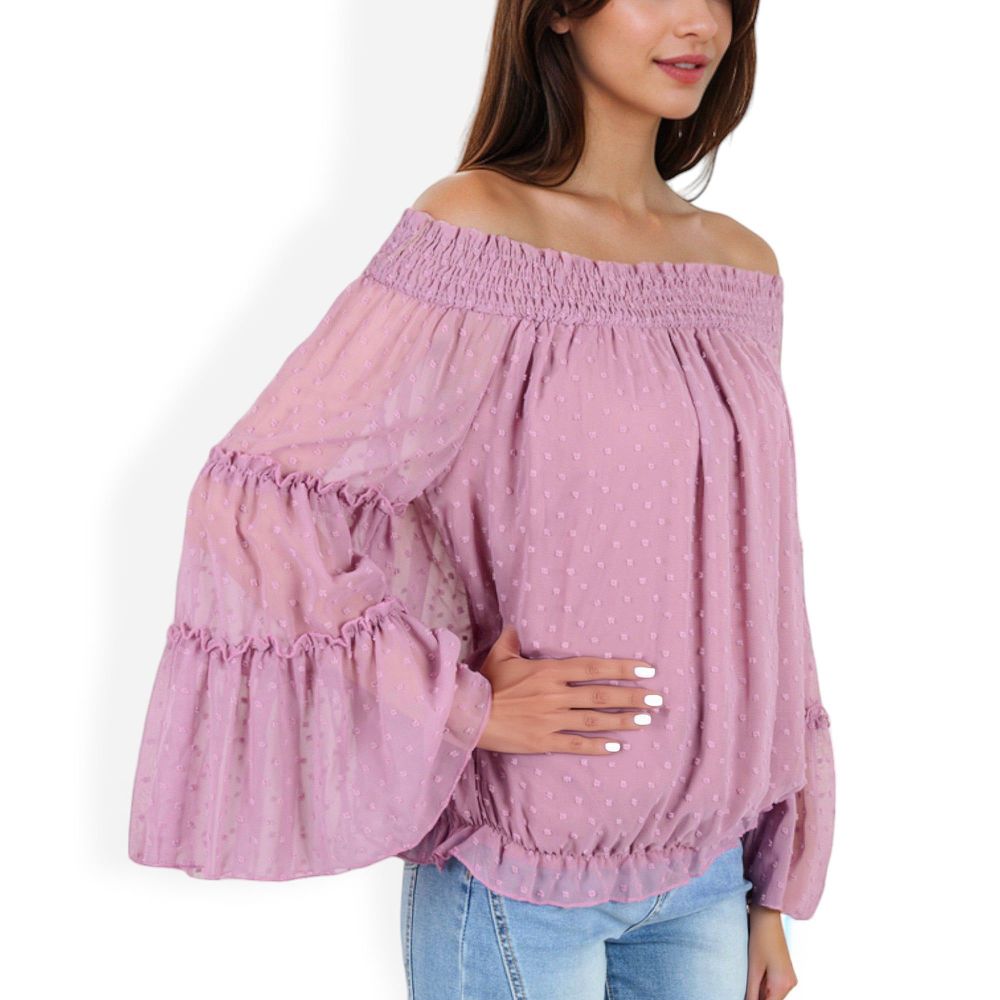 Off-Shoulder Bell Sleeve Top with Textured Dobby Pattern and Smocked Neckline