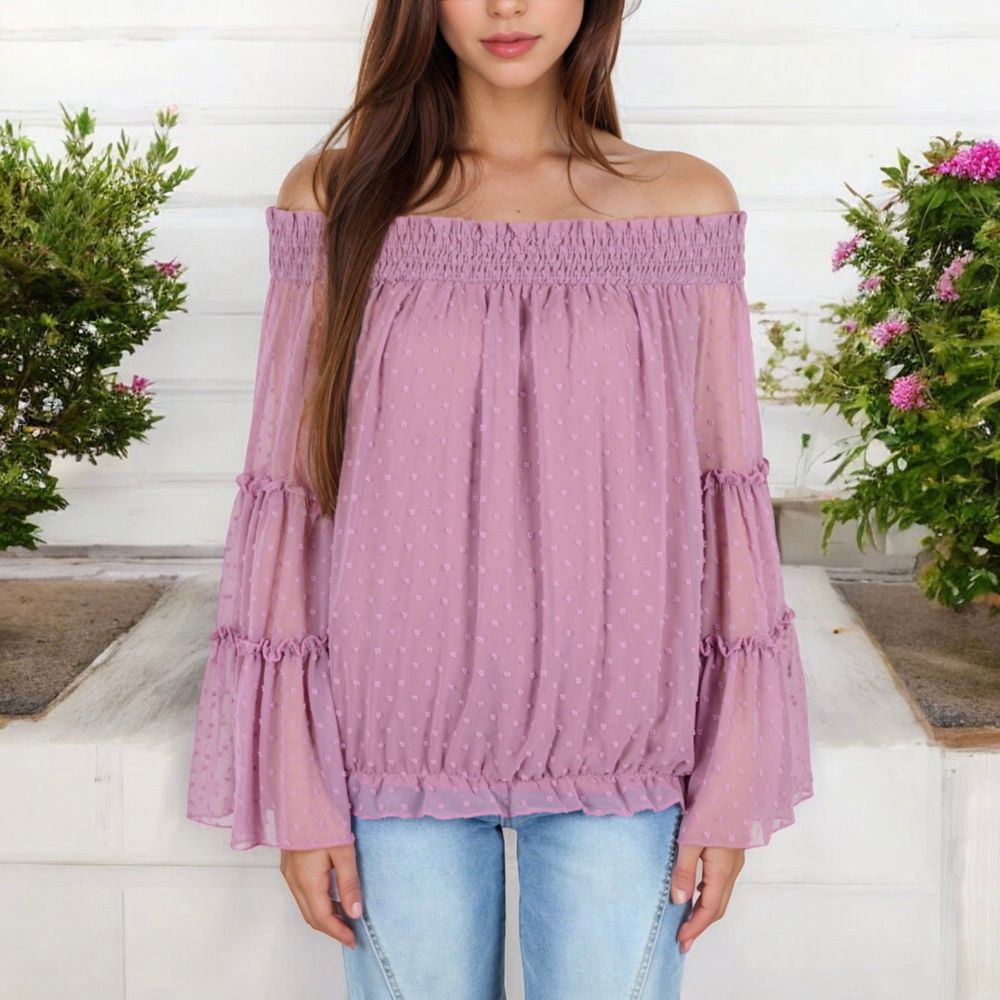 Off-Shoulder Bell Sleeve Top with Textured Dobby Pattern and Smocked Neckline