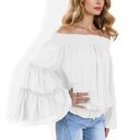 White XXL Off-Shoulder Bell Sleeve Top with Textured Dobby Pattern and Smocked Neckline