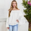 White XXL Off-Shoulder Bell Sleeve Top with Textured Dobby Pattern and Smocked Neckline