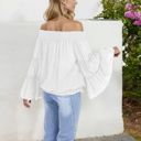 White XXL Off-Shoulder Bell Sleeve Top with Textured Dobby Pattern and Smocked Neckline