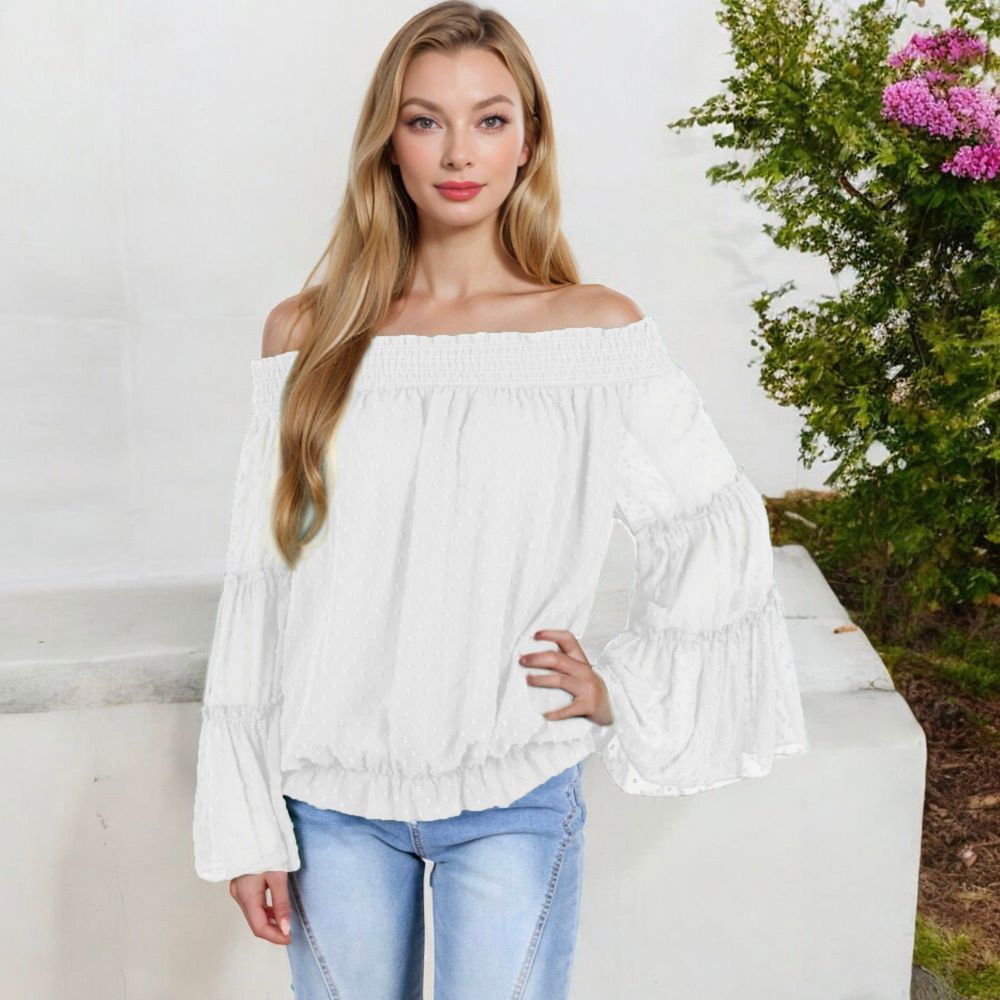 Off-Shoulder Bell Sleeve Top with Textured Dobby Pattern and Smocked Neckline