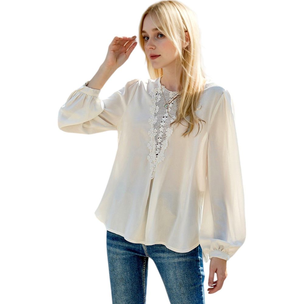 V-Neck Lace Drop Long Sleeve Bishop Blouse