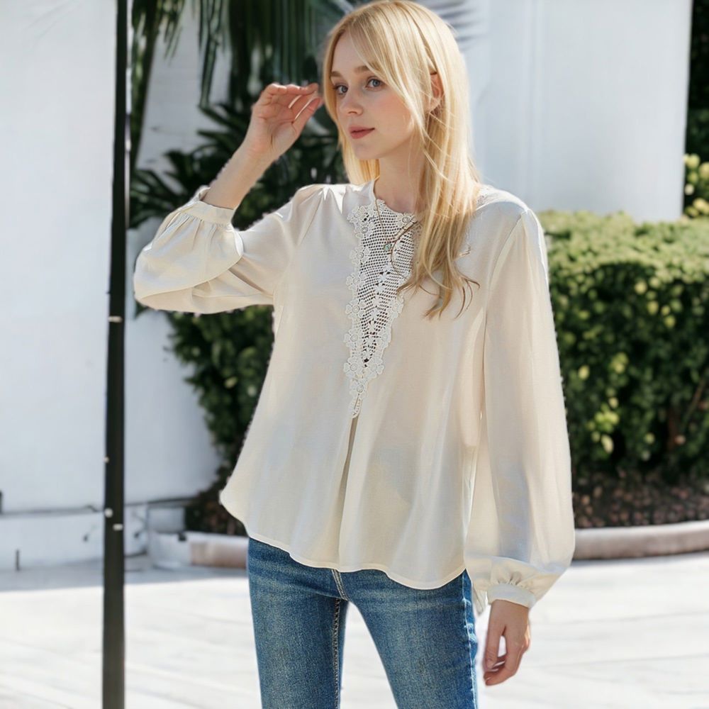 V-Neck Lace Drop Long Sleeve Bishop Blouse