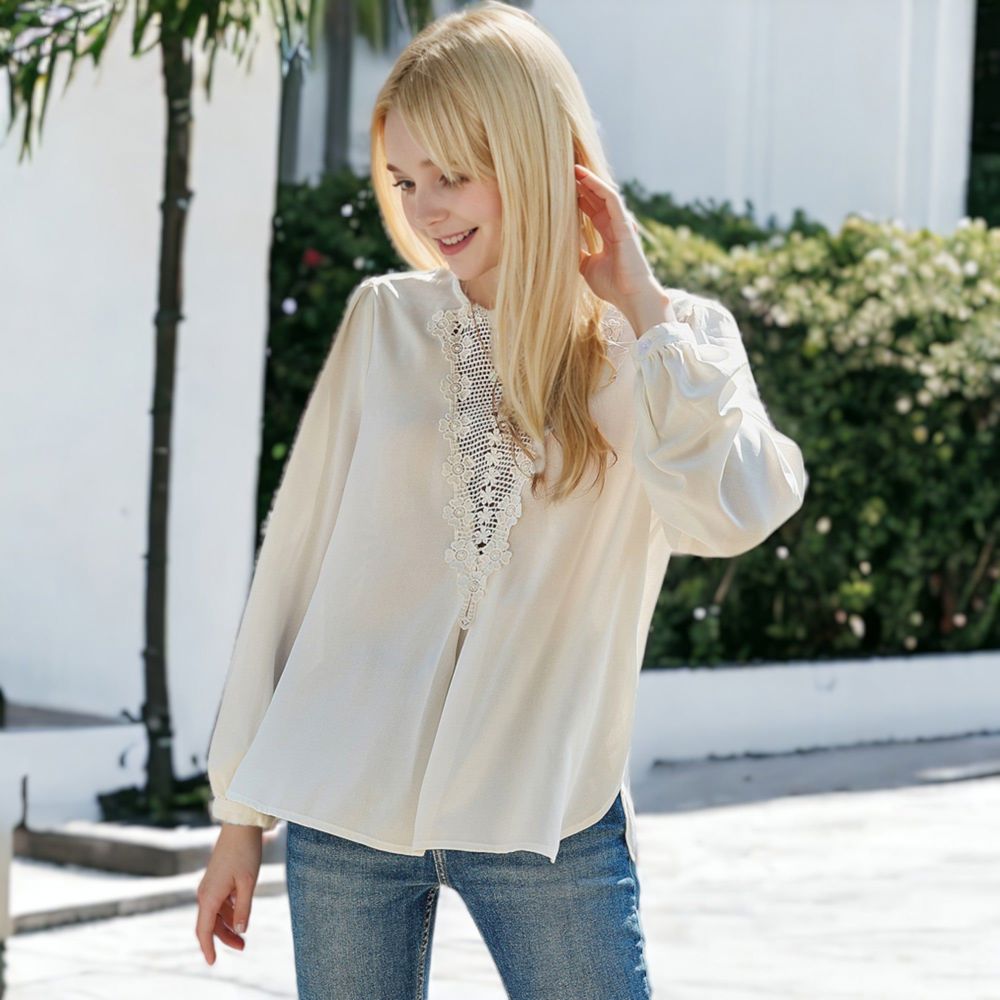 V-Neck Lace Drop Long Sleeve Bishop Blouse