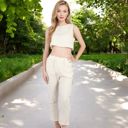 Beige Large Two-Piece Sleeveless Crop Top and Elastic Waist Tapered Pants Set with Pockets