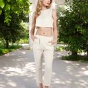 Beige Large Two-Piece Sleeveless Crop Top and Elastic Waist Tapered Pants Set with Pockets