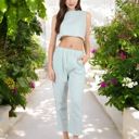 Green Large Two-Piece Sleeveless Crop Top and Elastic Waist Tapered Pants Set with Pockets