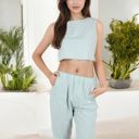 Green Medium Two-Piece Sleeveless Crop Top and Elastic Waist Tapered Pants Set with Pockets