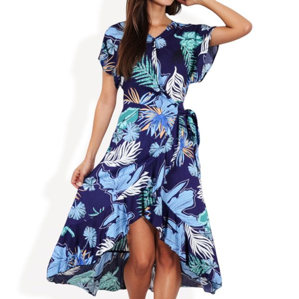 Tropical Print High-Low Wrap Dress with Flutter Sleeves