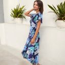  Tropical Print High-Low Wrap Dress with Flutter Sleeves