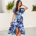  Tropical Print High-Low Wrap Dress with Flutter Sleeves