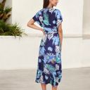  Tropical Print High-Low Wrap Dress with Flutter Sleeves