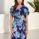  Tropical Print High-Low Wrap Dress with Flutter Sleeves