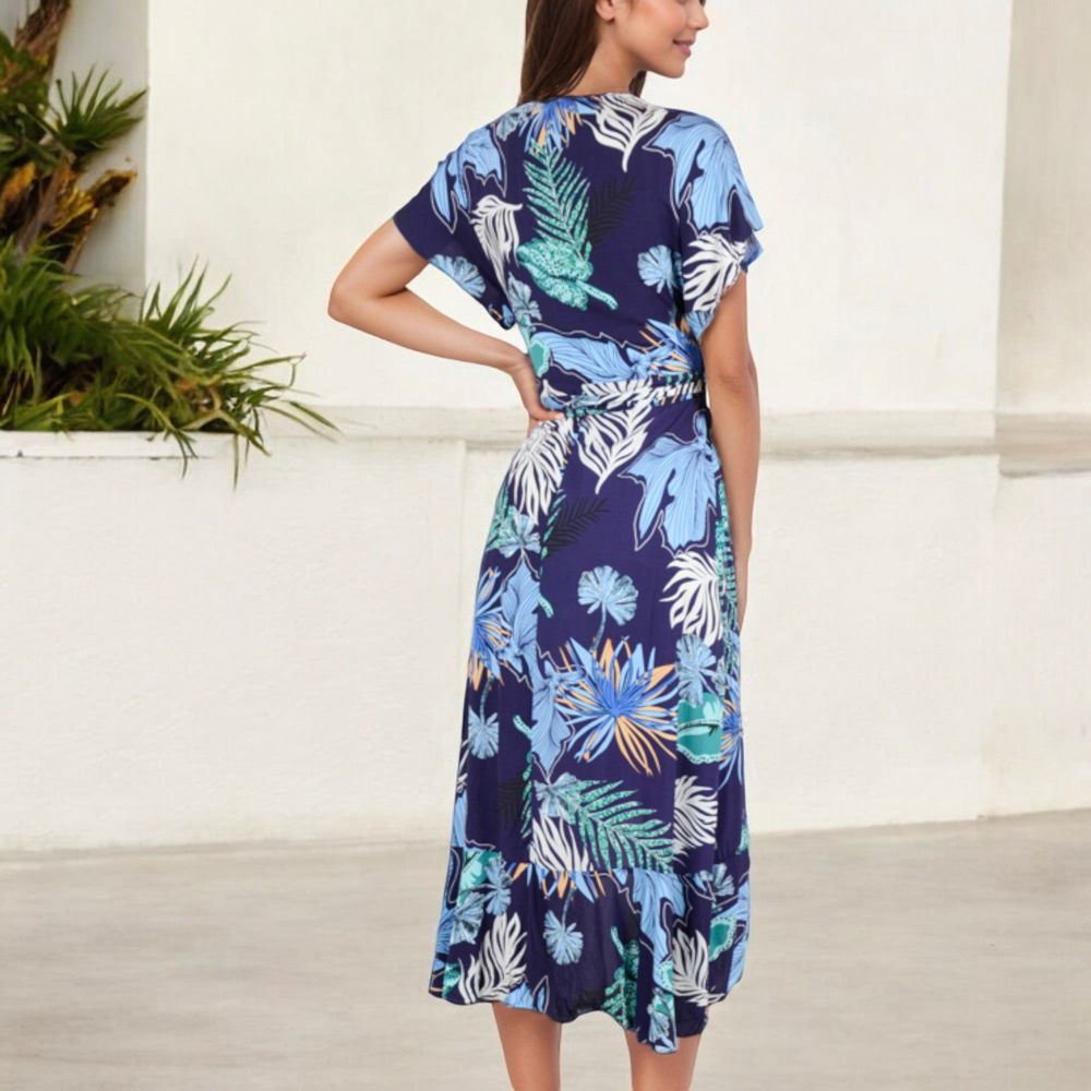 Tropical Print High-Low Wrap Dress with Flutter Sleeves