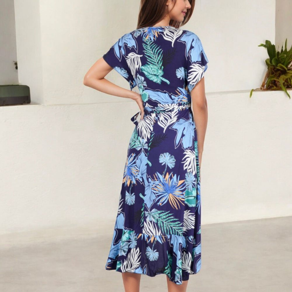 Tropical Print High-Low Wrap Dress with Flutter Sleeves